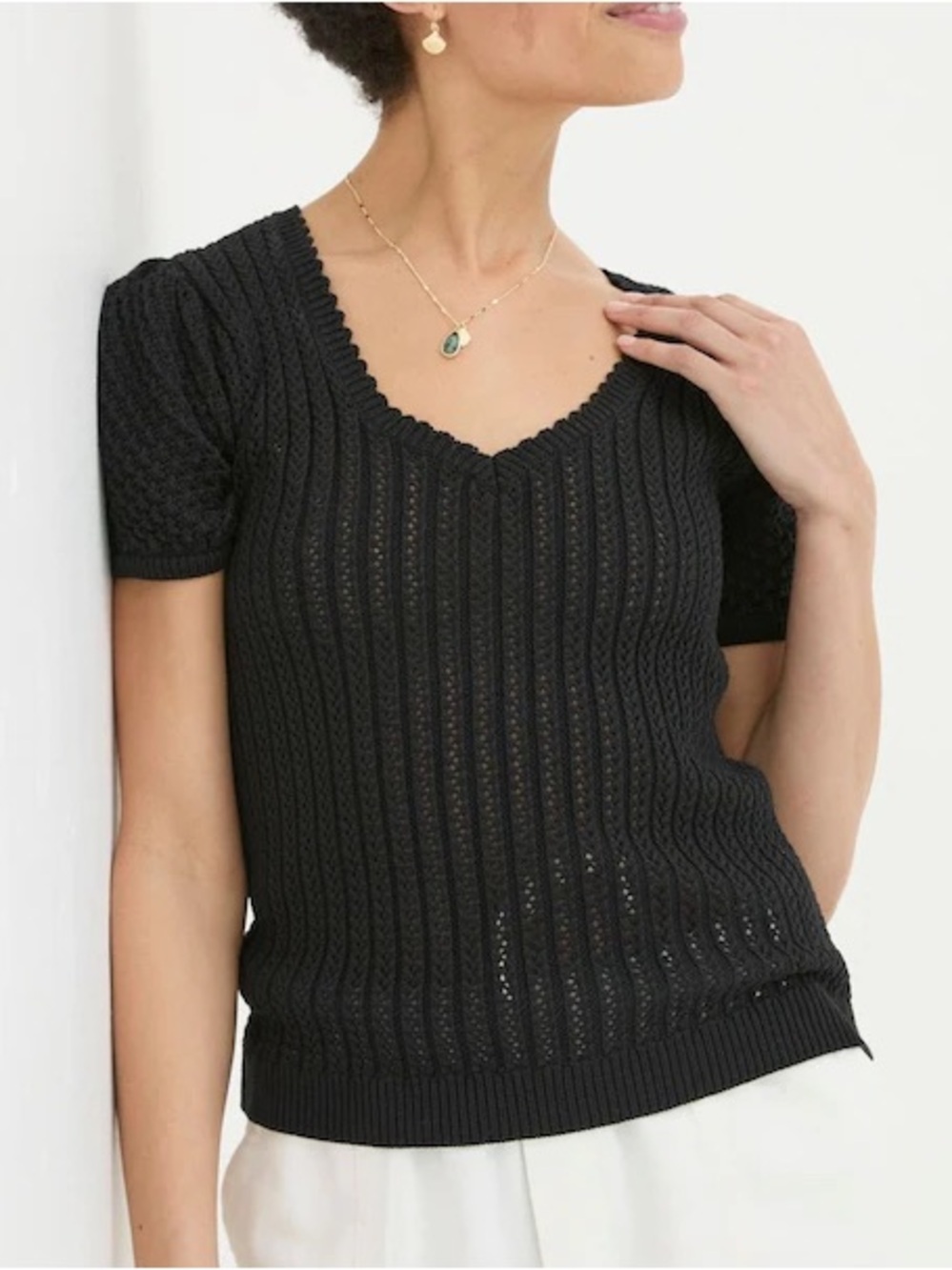 FatFace Ava Black Stitch Knit Cotton Viscose T-Shirt US 6
